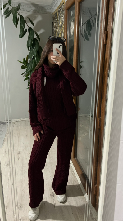 Atkılı Saç Örgü Triko Takım Bordo